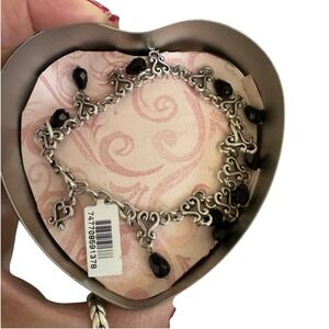 Brighton Silver Tone Scroll Heart Link Bracelet Black Bead Charms NWT Heart Tin